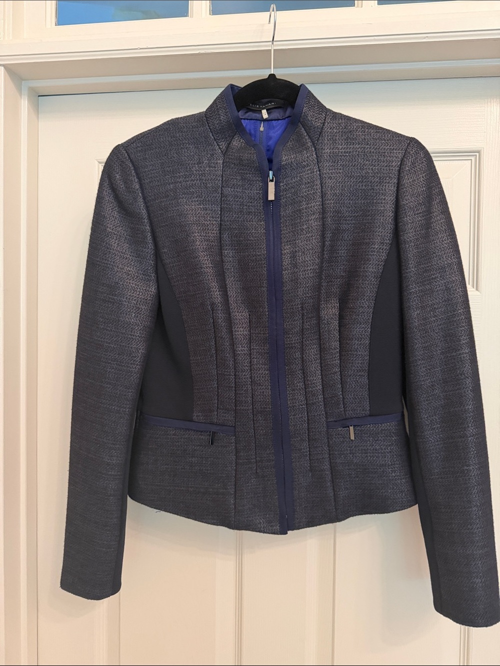 Elie Tahari Navy Textured shimmer tweed Zip-Front Jacket